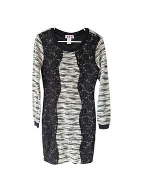 VTG Three Pink Hearts Dress Medium Black Lace Ivory Knit Long Sleeve Bodycon Y2K